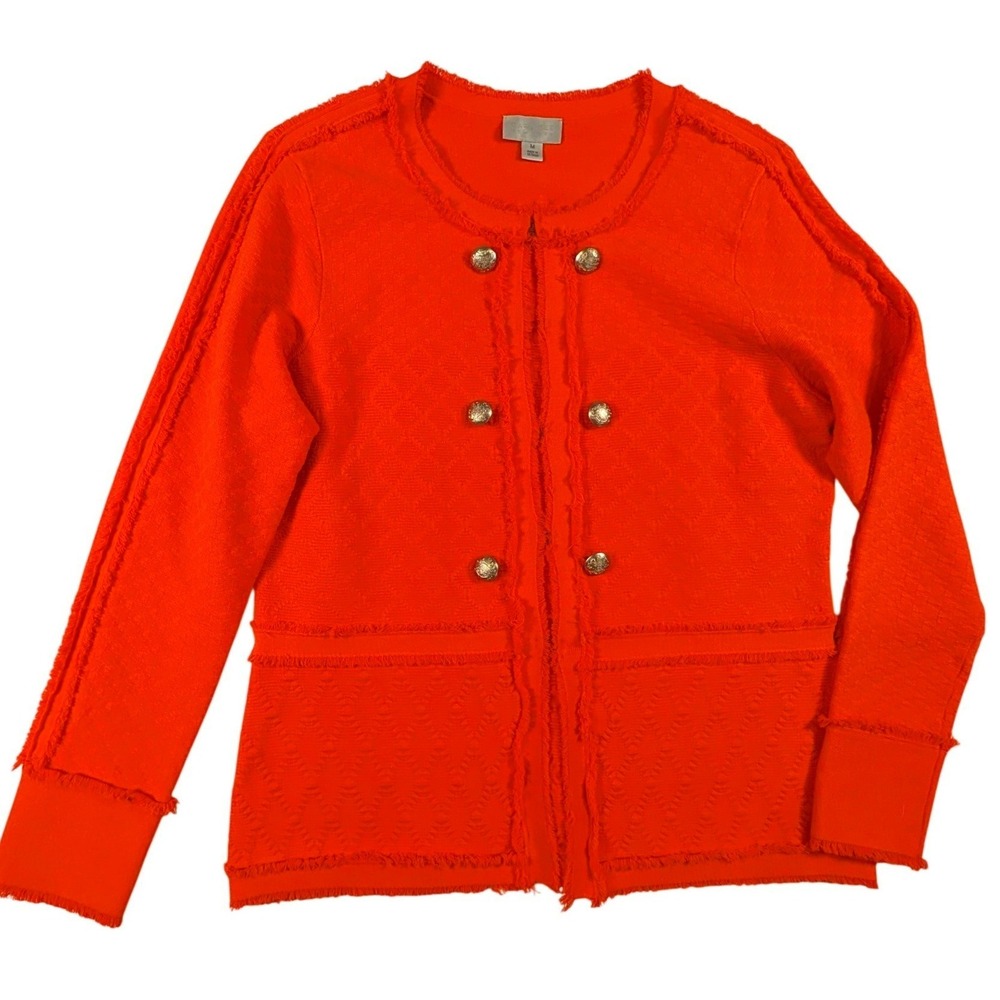 Carlisle New York Orange Metal Clasp Fringe Jacket Texture Viscose Womens Medium